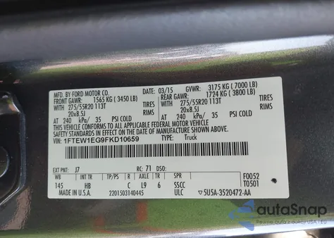 2015 Ford F-150 Lariat z USA, uszkodzony, nr VIN 1FTEW1EG9FKD10659